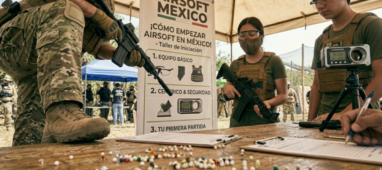 Jugadores de airsoft en México junto a una guía para empezar y equipo táctico sobre la mesa