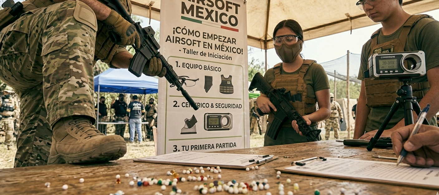 Jugadores de airsoft en México junto a una guía para empezar y equipo táctico sobre la mesa