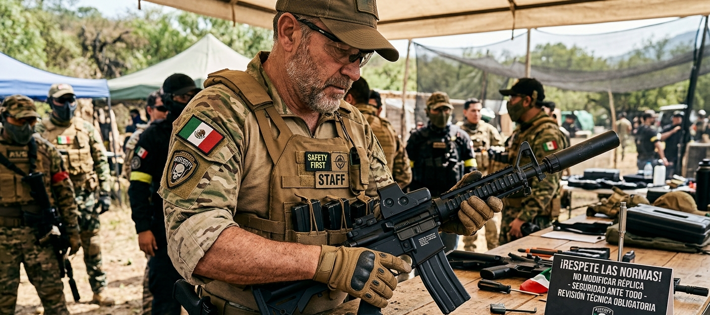 Staff de seguridad revisando una réplica de airsoft en un campo, con normas de uso responsable